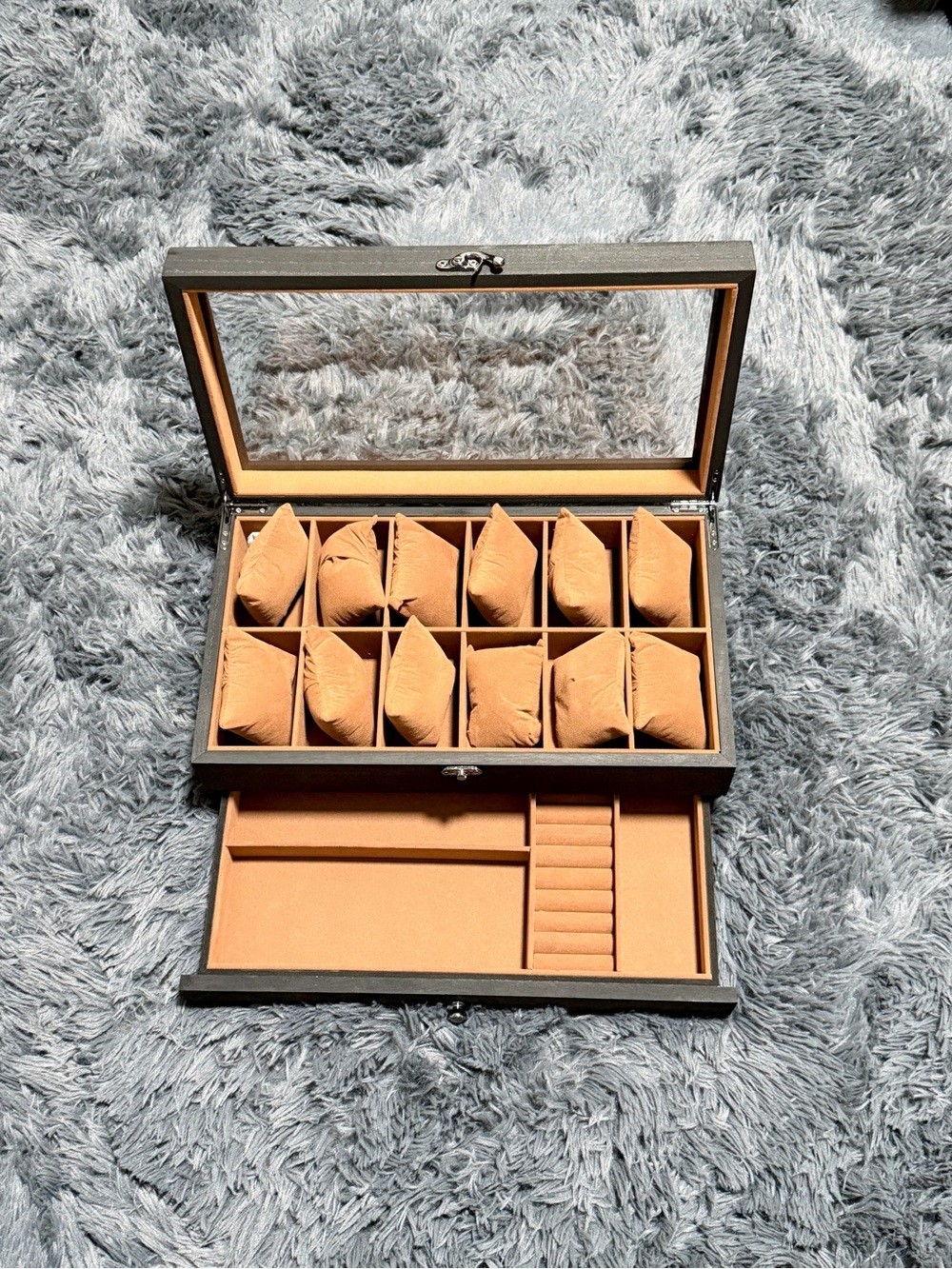 12-Slots Black Wooden Double-Layer Watch & Jewelry Box Travel/Storage Case